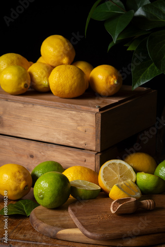 Closeup of table with wooden box with lemons, limes, board, green leaves and sugar, on wooden table, black background, vertical, with copy space