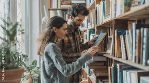 Couple building a DIY bookshelf in their new apartment, working as a team and enjoying the process of creating something together