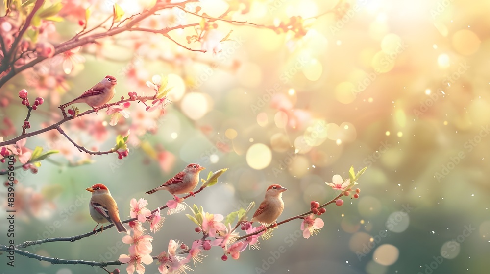 Flock of birds are singing happily on the branches of a tree with spring flower blossoms and sun light , spring season background Flock of birds are singing happily on the branches of a tree with spring flower blossoms and sun light , spring season background