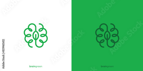 Abstract Brain Green Logo Design. Brain Tree Leaf Nature Concept wtih Line Art Outline Style. Brain Logo Icon Vector Illustration.