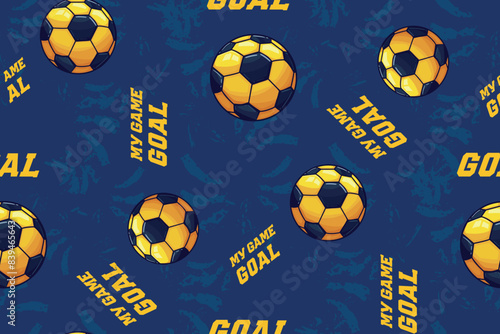Blue and yellow Soccer ball pattern. Seamless Football pattern with text Goal, My game. Grunge textured brush strokes blue background