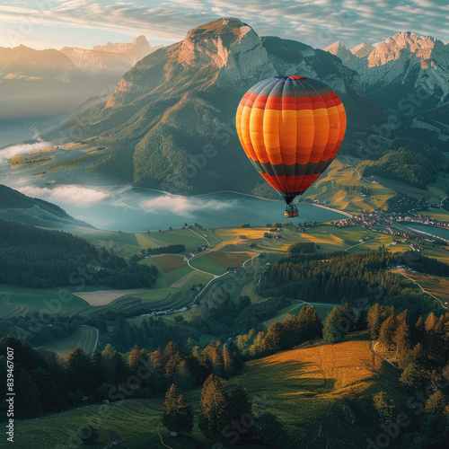 Hot air balloon ride over the mountains. photo