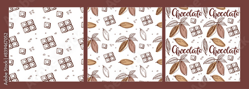 Seamless patterns with Chocolate. Set of three. Hand drawn vector chocolate bar, cocoa bean. Organic product Doodle sketch. Repeated backgrounds for wallpaper, wrapping, packing, scrapbooking
