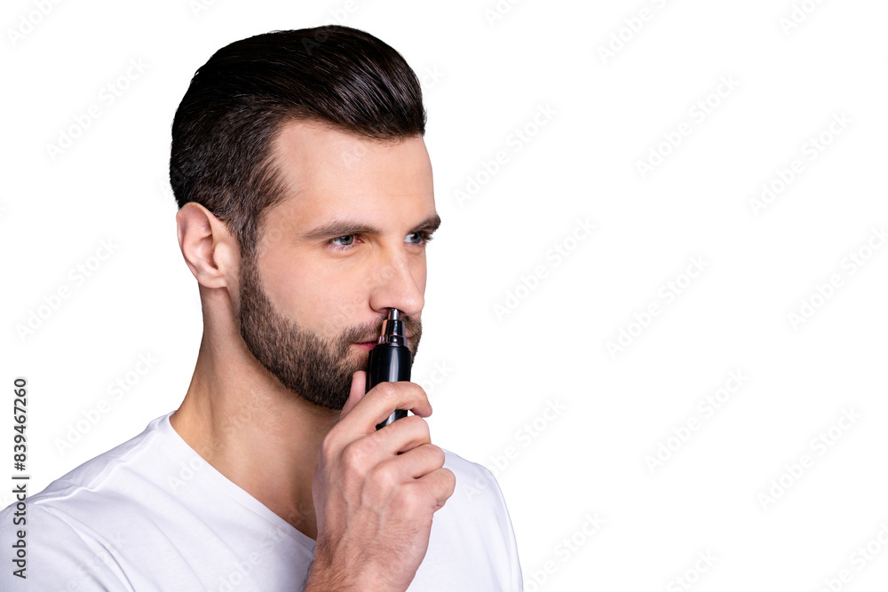 Close up side profile photo amazing he him his macho hairless process buy buyer new hand novelty ready remove nose ear hair with help comfy trimmer wear casual white t-shirt isolated grey background Close up side profile photo amazing he him his macho hairless process buy buyer new hand novelty ready remove nose ear hair with help comfy trimmer wear casual white t-shirt isolated grey background