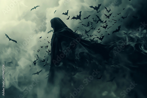  the grim reaper in an open cloak made of smoke and black mist surrounded by thousands of bats flying around him photo