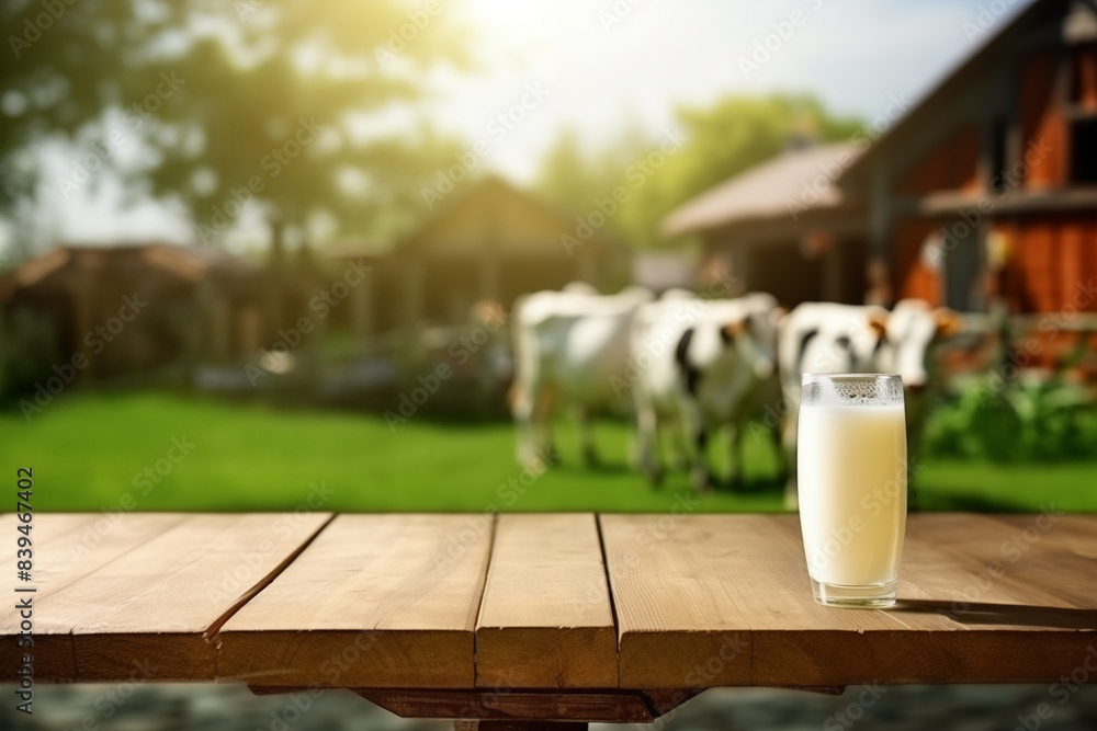 A glass of milk on a wooden countertop against the background of a cow farm A glass of milk on a wooden countertop against the background of a cow farm