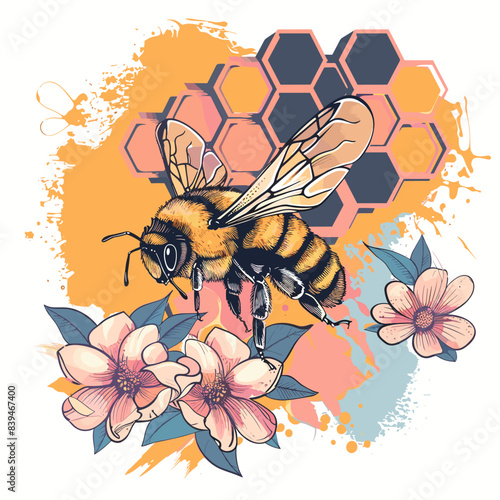 vector bee on flower and honeycomb .Generative AI