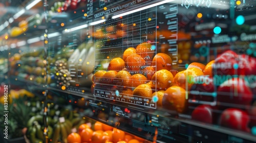 Smart grocery store with digital analytics overlay on fresh produce, displaying modern retail technology and data-driven shopping experience.