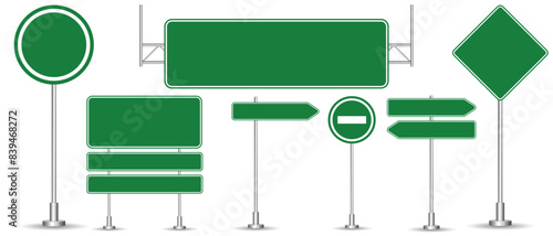 Set of road signs isolated on a white background. Green traffic signs.Blank board with place for text. Isolated information sign. Vector illustration.