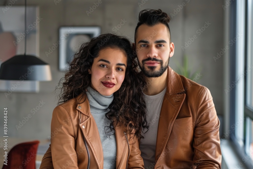Portrait of a content multicultural couple in their 30s sporting a stylish leather blazer over modern minimalist interior Portrait of a content multicultural couple in their 30s sporting a stylish leather blazer over modern minimalist interior