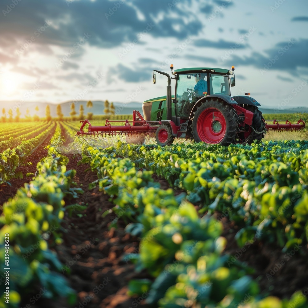 Sunlit tractor working in a verdant agricultural field, showcasing modern farming techniques and sustainable land use during sunset. Sunlit tractor working in a verdant agricultural field, showcasing modern farming techniques and sustainable land use during sunset.