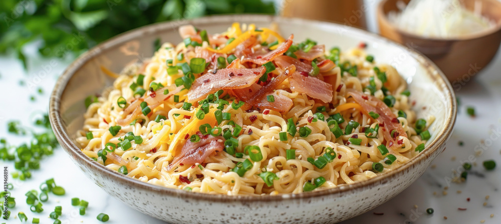 A delicious bowl of noodles topped with savory bacon and melted cheese displayed on a tabletop A delicious bowl of noodles topped with savory bacon and melted cheese displayed on a tabletop