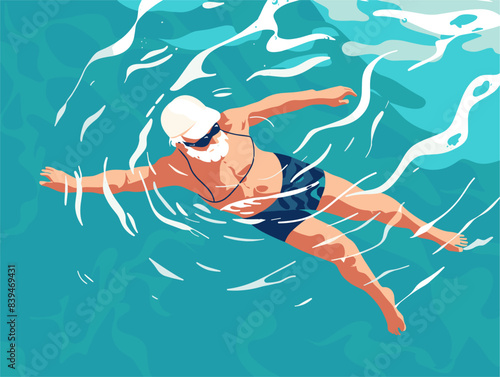 Senior Fitness: Healthy Lifestyle of an Elderly Man Swimming for Exercise in a Pool for Health and Well-being