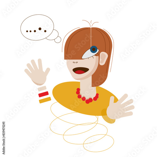 A laughing girl in a yellow sweater and red beads