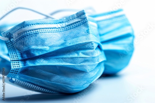 Two blue surgical masks on white surface photo