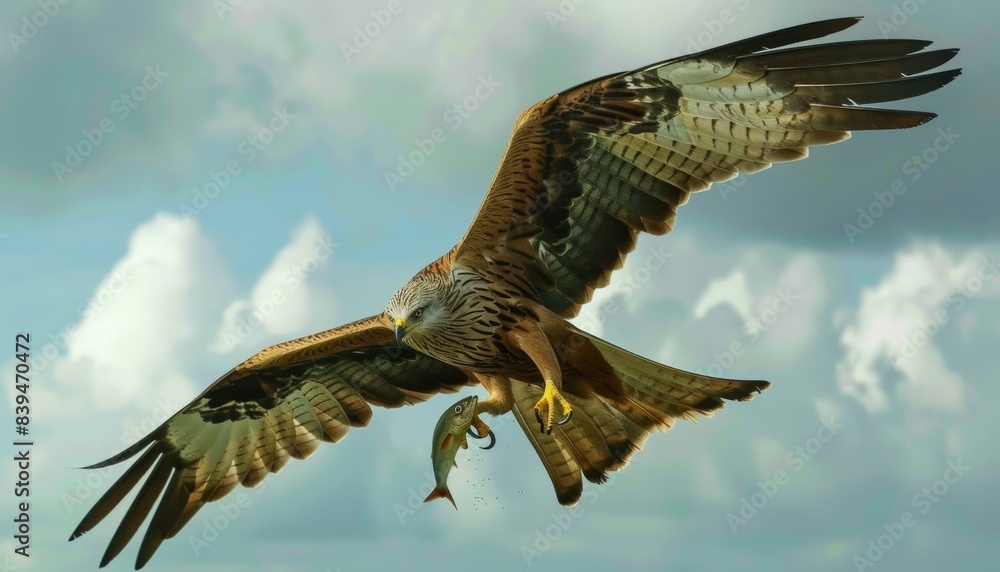 Fototapeta premium Incredible Capture: A Stunning Red Kite in Flight With a Freshly Caught Fish