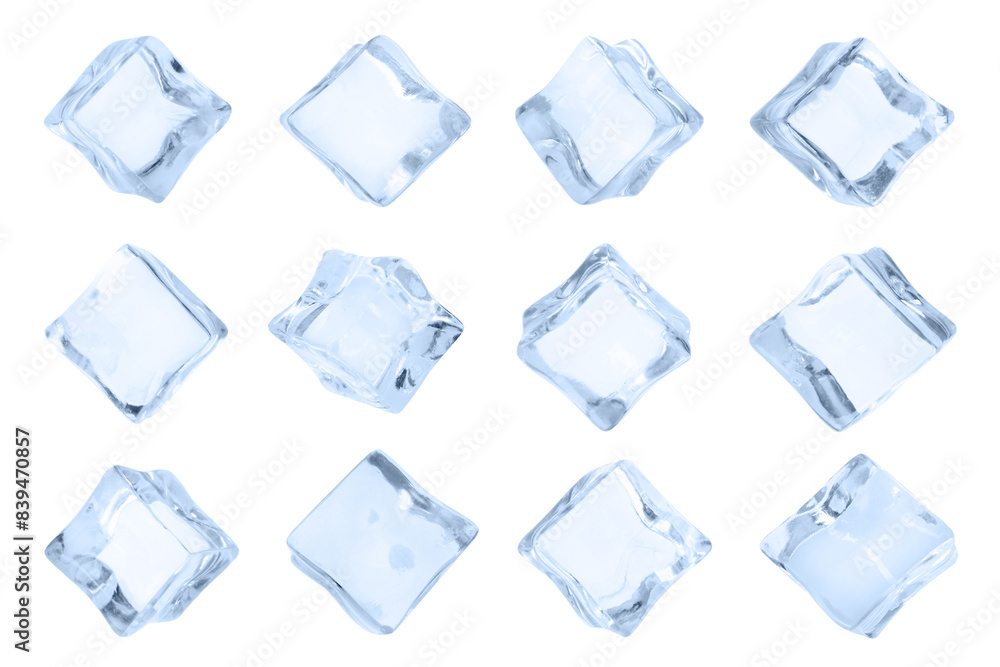 Crystal clear ice cubes isolated on white, set Crystal clear ice cubes isolated on white, set