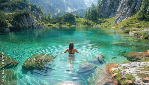A woman is enjoying a swim in a beautiful mountain lake surrounded by nature and lush vegetation © ЮРИЙ ПОЗДНИКОВ