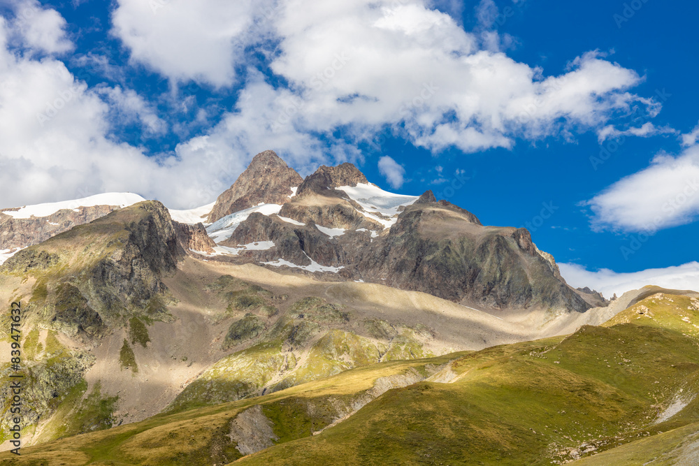 Fototapeta premium Tour du Montblanc beautiful mountain ladscapes of the Alps green valley, snow summit of Montblanc and rocky peaks of Aiguille du Midi in summer sunny weather blue sky, trekking and hiking in Chamonix