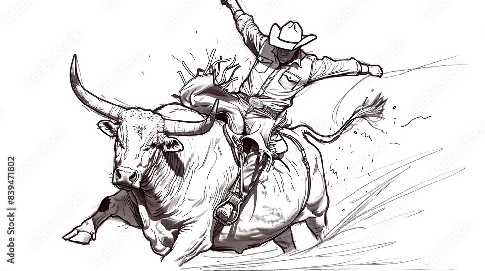 Minimalist Sketch of Rodeo Rider on Charging Bull in Continuous Line Art Minimalist Sketch of Rodeo Rider on Charging Bull in Continuous Line Art