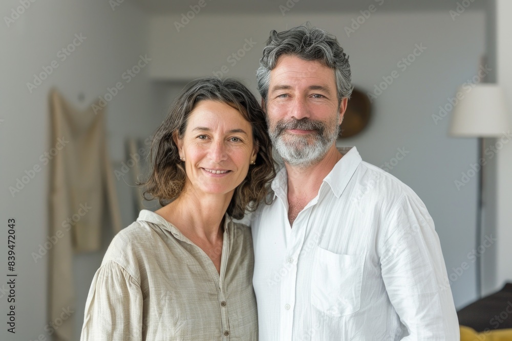 Portrait of a happy couple in their 40s wearing a simple cotton shirt isolated on modern minimalist interior Portrait of a happy couple in their 40s wearing a simple cotton shirt isolated on modern minimalist interior