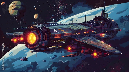 Pixel Art Depiction of Space Cruiser Navigating the Dark Cosmic Universe photo