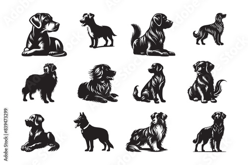 Set of cute dog silhouette vector art illustration.