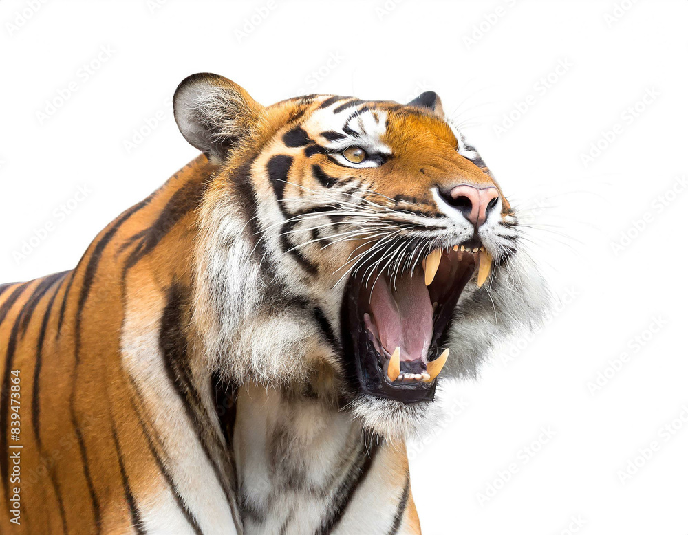 Fototapeta premium Brüllender Tiger isoliert auf weißen Hintergrund, Freisteller