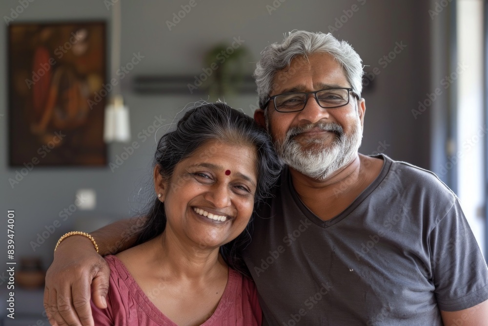 Portrait of a content indian couple in their 50s dressed in a casual t-shirt isolated in modern minimalist interior Portrait of a content indian couple in their 50s dressed in a casual t-shirt isolated in modern minimalist interior