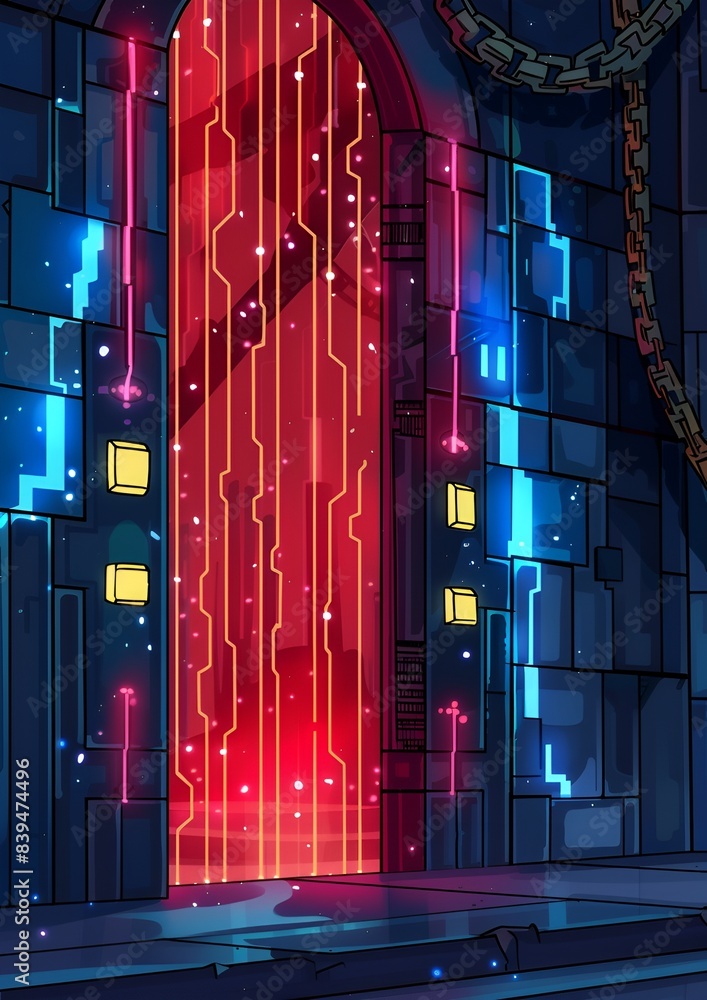 High-tech futuristic door with glowing red circuitry lines in a dark ...