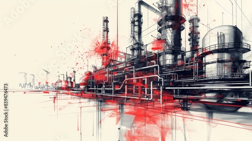 Industrial Complex Sketch With Red Smoke and Network Lines background © PLATİNUM