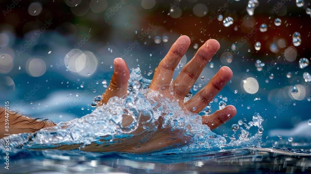Fototapeta premium Surfer s hand dragging in water for stability technique emphasized in summer olympic games sport
