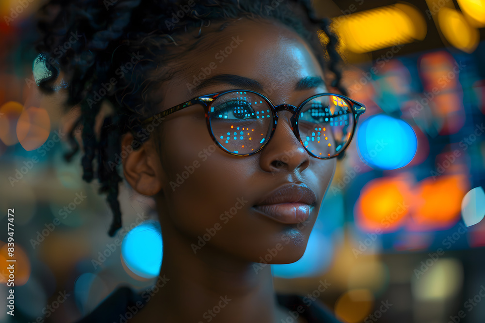 Young black female financier monitors stock market performance Young black female financier monitors stock market performance