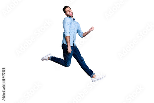 Full length body size view portrait of his he nice-looking attractive cheerful cheery crazy overjoyed optimistic macho guy having fun isolated over gray violet purple pastel background
