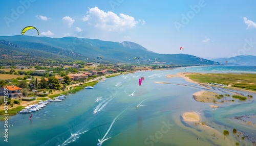 Exhilarating Aerial View of Kitesurfing Paradise in Akyaka, Mugla Province, Turkey