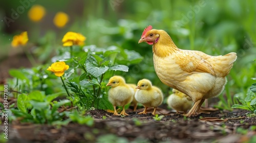 Mother hen with adorable chicks in natural habitat against beautiful scenic background of nature photo