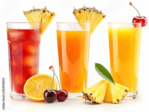 Three juice glasses, assorted fruit, white background