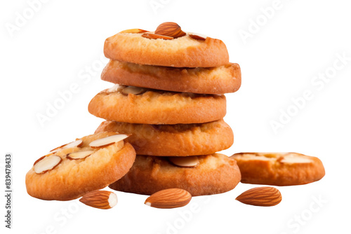 Pile of almond cookies isolated on transparent background.