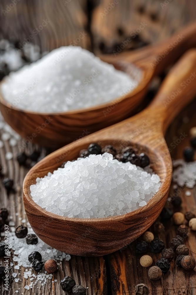 Wooden table with salt and pepper seasoning, blurred background, copy space for text placement Wooden table with salt and pepper seasoning, blurred background, copy space for text placement