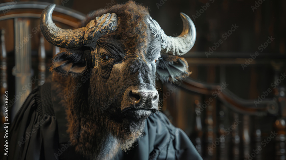 Naklejka premium Bull market justice. A powerful bull with imposing horns sits in a judge's chair, a gavel at its side, symbolizing the strength and authority of the market.