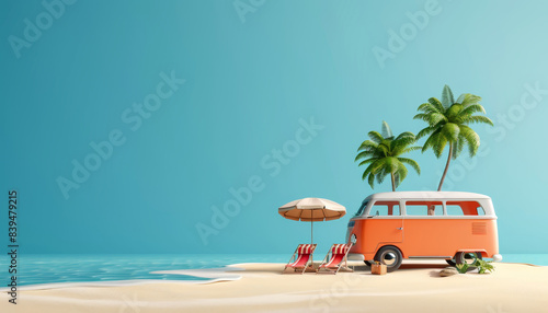 3D rendering of a cartoon travel bus on the beach with palm trees. Concept of summer vacation and fun by AI generated image