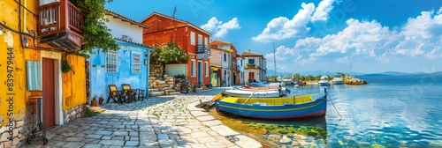 Explore the enchanting seaside village with vibrant houses, cobblestone streets, and bustling harbor in midday sun. 