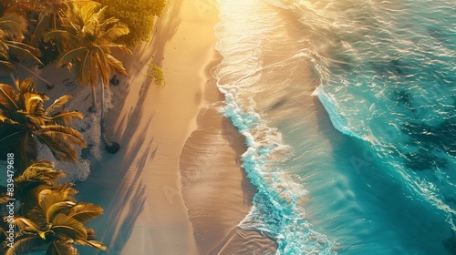 Beach topview, golden sand, turquoise waves, swaying coconut trees in vibrant colors. Tropical paradise captured in high contrast afternoon light.