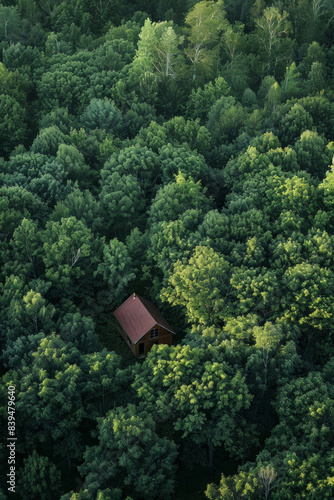 Aerial view of an isolated cabin nestled in a dense forest, surrounded by a sea of green treetops. Emphasize the solitude and simplicity of the scene