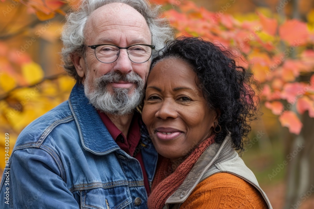 Portrait of a blissful multicultural couple in their 50s wearing a rugged jean vest isolated on background of autumn leaves Portrait of a blissful multicultural couple in their 50s wearing a rugged jean vest isolated on background of autumn leaves