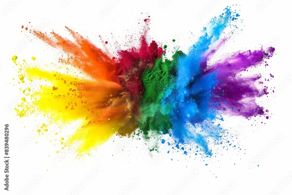 Vibrant Rainbow Holi Purple Paint Splash and Color Powder Explosion on White Background Vibrant Rainbow Holi Purple Paint Splash and Color Powder Explosion on White Background
