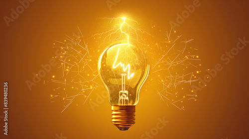 A stylized light bulb with a bright yellow hue. Within the bulb, there's a white symbol of a lightning bolt. Surrounding the bulb are small, radiating lines, symbolizing light or energy emanating