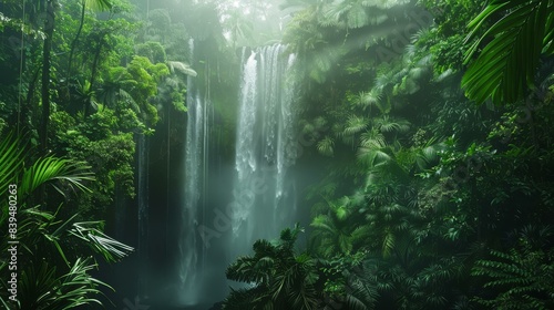Immerse yourself in serene  untouched beauty at a tropical rainforest with a cascading waterfall. Morning light illuminates vibrant colors in ultra clear quality.
