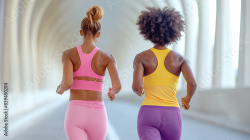Two women jogging side by side. One woman has a ponytail and is wearing a pink tank top and purple leggings, while the other woman has short curly hair and is dressed in a yellow tank top