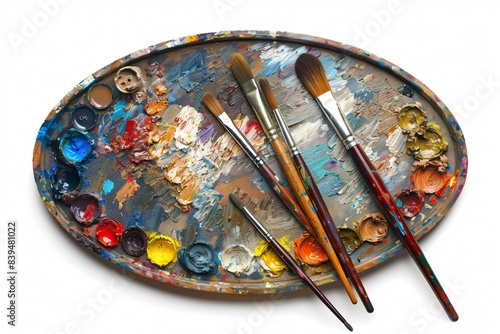 Close-up of paint palette and brushes on tray photo